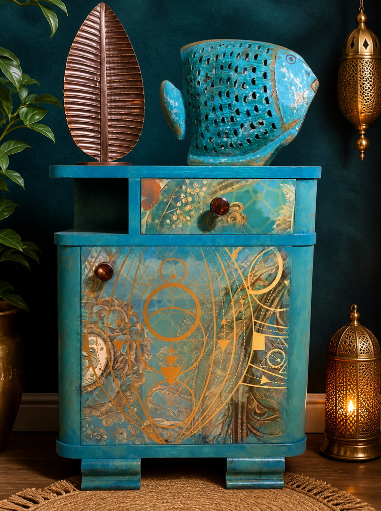 ✨ Upcycling Unikat – Türkiser Vintage-Nachttisch mit Gold-Design ✨
